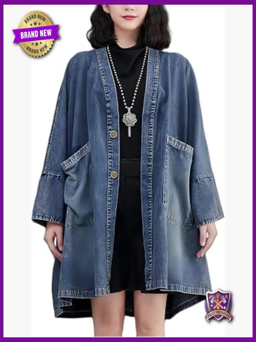 Oversized Long Denim Jacket Vintage Duster Coat V-Neck Pockets Boho Plus